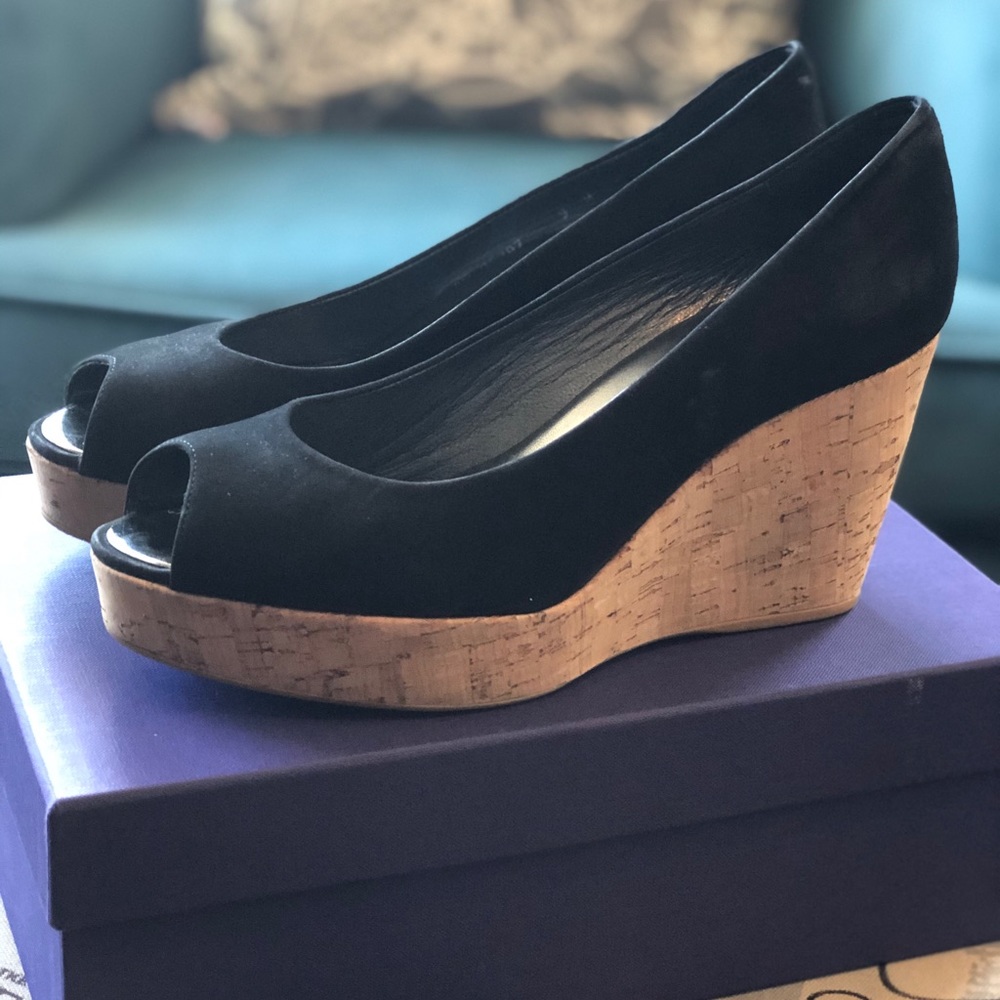Stuart Weitzman Anna Suede Peep-toe Black Wedges